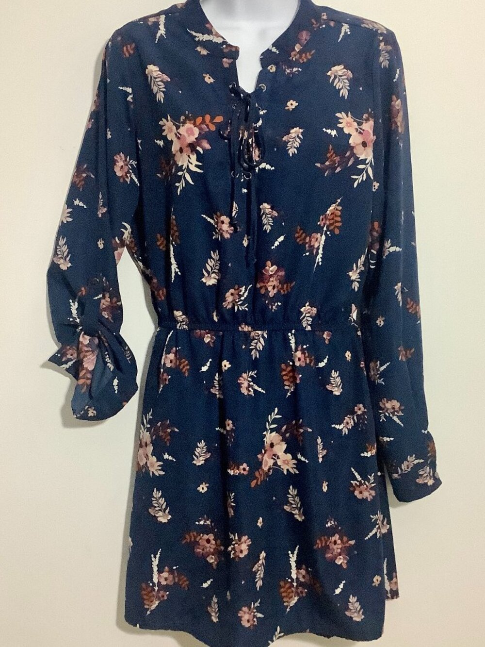 Midi Dress Navy Long Sleeve V Neck Print Medium Justify Trendy Timeless Classic